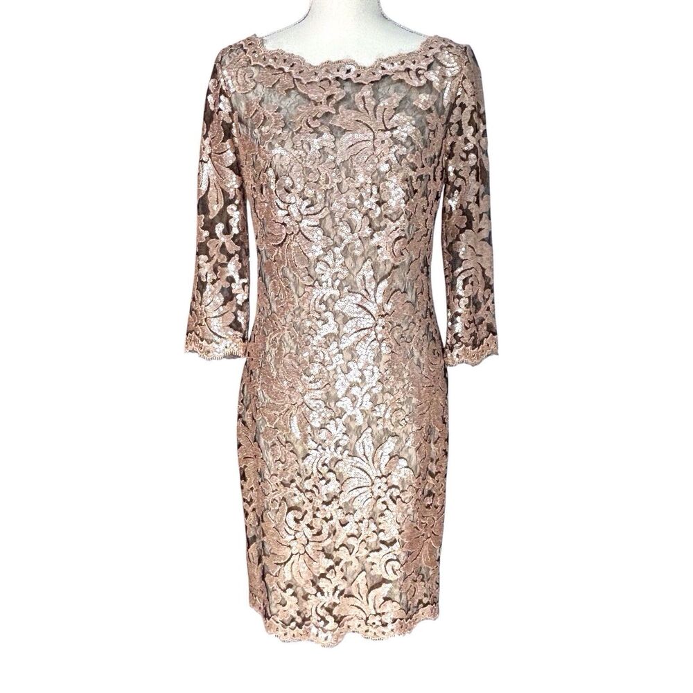 Tadashi Shoji Formal Lace Sheath Dress Size 10 Rose Gold Sequins 3/4 Sleeve